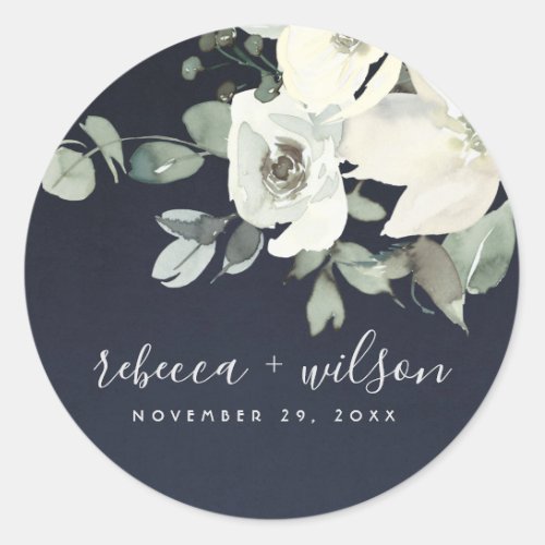 NAVY IVORY WHITE FLORAL WATERCOLOR BUNCH WEDDING CLASSIC ROUND STICKER