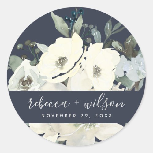 NAVY IVORY WHITE FLORAL WATERCOLOR BUNCH WEDDING CLASSIC ROUND STICKER
