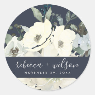 NAVY IVORY WHITE FLORAL WATERCOLOR BUNCH WEDDING CLASSIC ROUND STICKER
