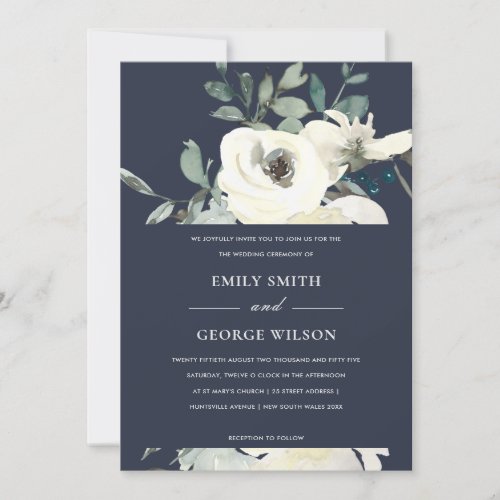 NAVY IVORY WHITE FLORAL WATERCOLOR BUNCH WEDDING INVITATION