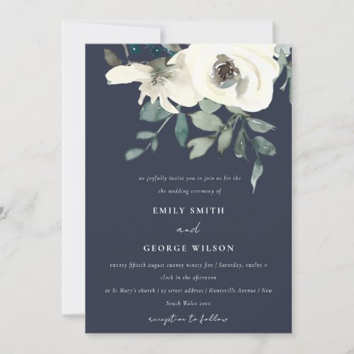 NAVY IVORY WHITE FLORAL WATERCOLOR BUNCH WEDDING INVITATION