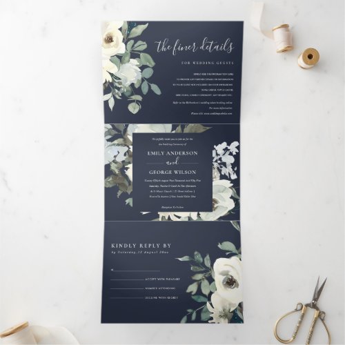 NAVY IVORY WHITE FLORAL WATERCOLOR BUNCH WEDDING Tri_Fold INVITATION