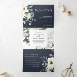 NAVY IVORY WHITE FLORAL WATERCOLOR BUNCH WEDDING Tri-Fold INVITATION