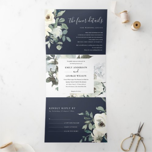 NAVY IVORY WHITE FLORAL WATERCOLOR BUNCH WEDDING Tri_Fold INVITATION