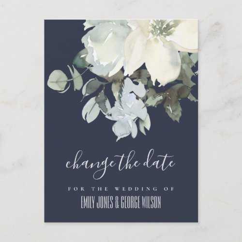 NAVY IVORY WHITE FLORAL WEDDING CHANGE THE DATE ANNOUNCEMENT POSTCARD
