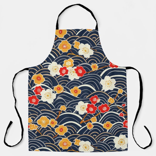 Navy Japanese Wave Plum Blossom Floral Pattern Apron (Front)