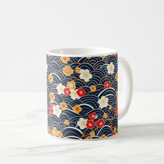Navy Japanese Wave Plum Blossom Floral Pattern Coffee Mug (Front Right)