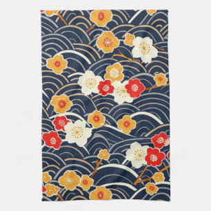 Navy Japanese Wave Plum Blossom Floral Pattern Kitchen Towel