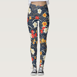 Navy Japanese Wave Plum Blossom Floral Pattern Leggings
