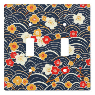 Navy Japanese Wave Plum Blossom Floral Pattern Light Switch Cover