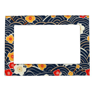 Navy Japanese Wave Plum Blossom Floral Pattern Magnetic Frame
