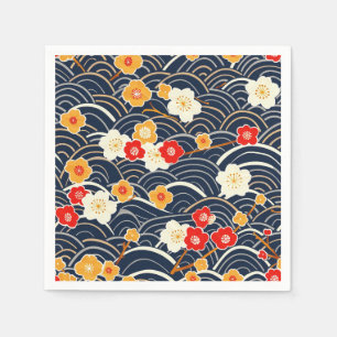 Navy Japanese Wave Plum Blossom Floral Pattern Napkins