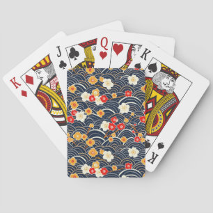 Navy Japanese Wave Plum Blossom Floral Pattern Poker Cards