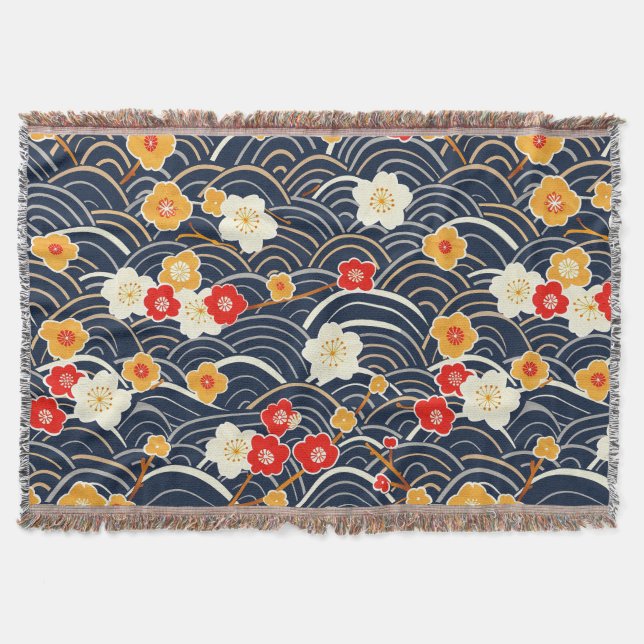 Navy Japanese Wave Plum Blossom Floral Pattern Throw Blanket (Front)