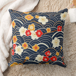 Navy Japanese Wave Plum Blossom Floral Pattern Throw Pillow