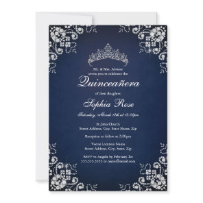 Navy Jewel Tiara Butterfly Quinceanera Invitation