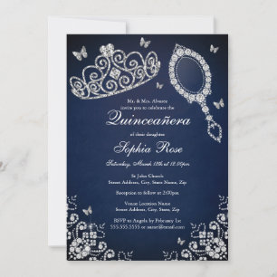 Navy Jewel Tiara Mirror Butterfly Quinceanera Invitation