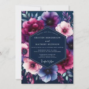 Navy Jewel-Tone Floral Wedding Invitation