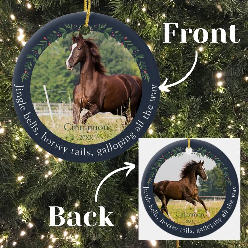 Navy Jingle Bells Horsey Tails Pet Horse Christmas Ceramic Ornament