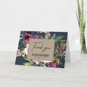 NAVY KRAFT BLUSH BURGUNDY FLORAL BUNCH WEDDING LETTERPRESS THANK YOU CARD