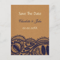 Navy Lace and Kraft Paper Wedding Announcement Postcard