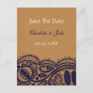 Navy Lace and Kraft Paper Wedding Announcement Postcard