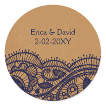 Navy Lace and Kraft Paper Wedding Classic Round Sticker