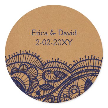 Navy Lace and Kraft Paper Wedding Classic Round Sticker