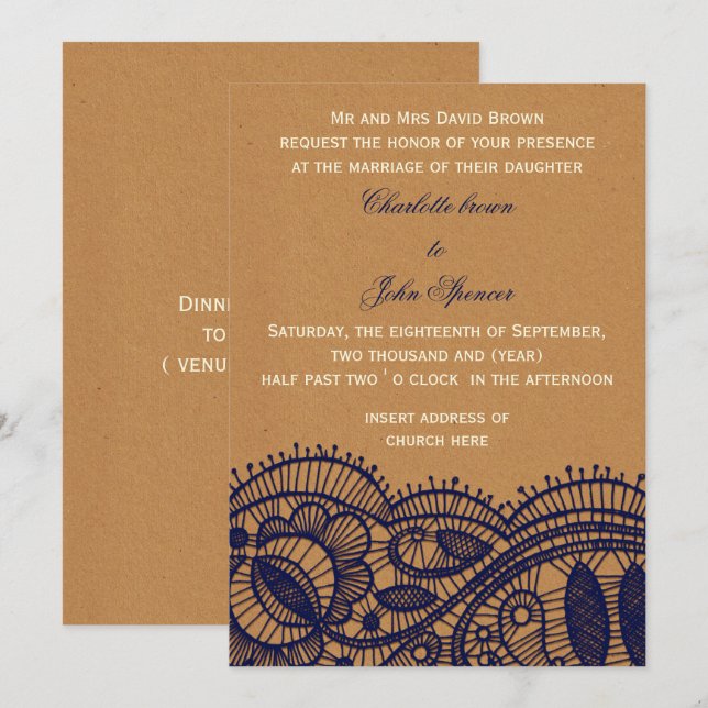 Navy Lace and Kraft Paper Wedding Invitation (Front/Back)