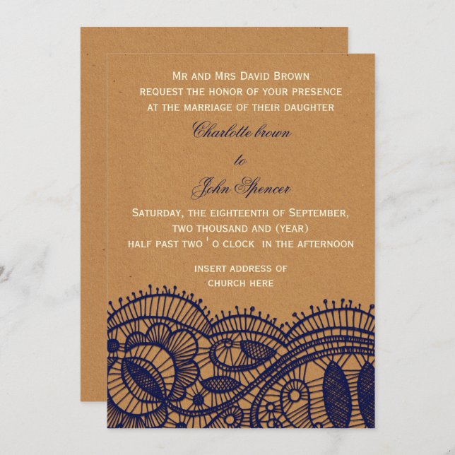 Navy Lace and Kraft Paper Wedding Invitation (Front/Back)