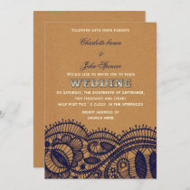 Navy Lace and Kraft Paper Wedding Invitation