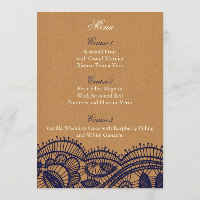 Navy Lace and Kraft Paper Wedding Menu (Front)