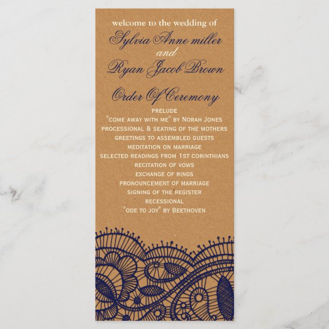 Navy Lace and Kraft Paper Wedding Program (Front)