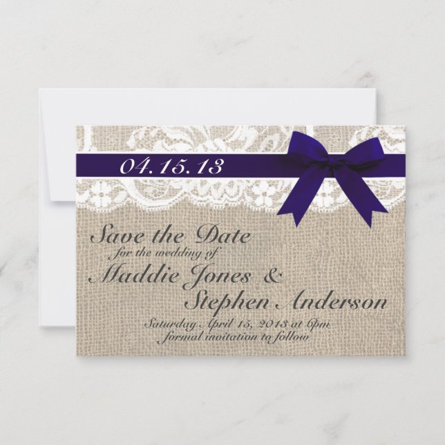 Navy Lace & Burlap Wedding Save the Date (Front)