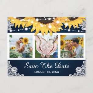 Navy Lace Sunflower Wedding Photo Save The Date Announcement Postcard