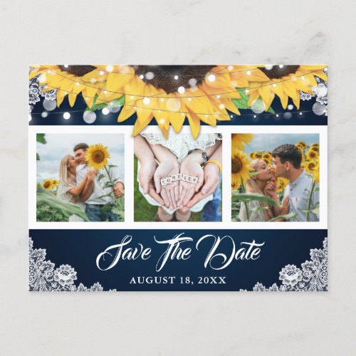 Navy Lace Sunflower Wedding Photo Save The Date Announcement Postcard