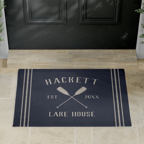 Navy  Lake House Rustic Oars Personalized Doormat