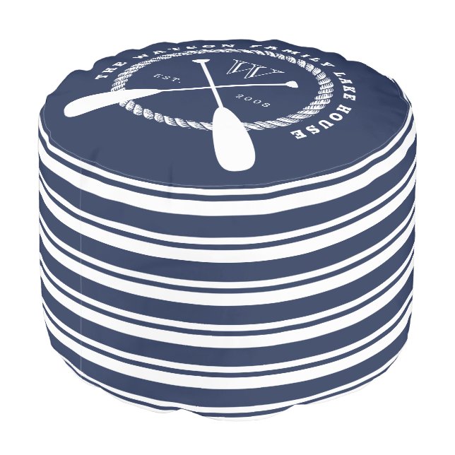 Navy Lakehouse Monogram Crossed Paddles Pouf (Angled Back)