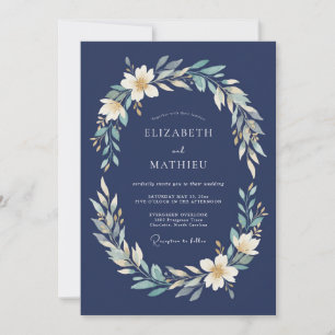 Navy Laurel Garland Wedding Invitation