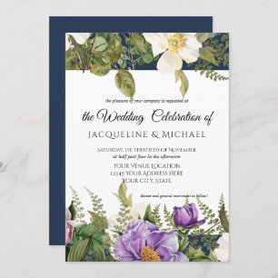 Navy Lavender Floral Ivory Wedding Rose Foliage Invitation