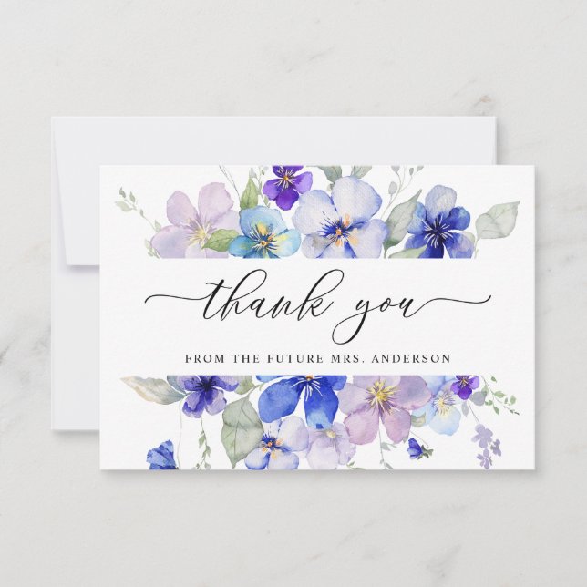 Navy Lavender Floral Pansies Purple Bridal Shower Thank You Card (Front)