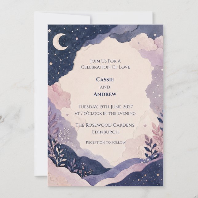 Navy Lavender Moonlit Celestial Wedding Invitation (Front)