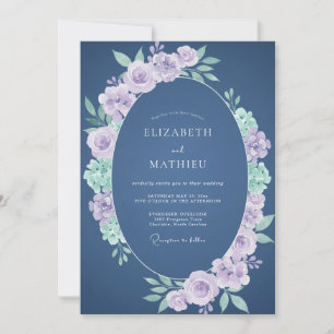 Navy Lavender Romantic Floral Wedding Invitation