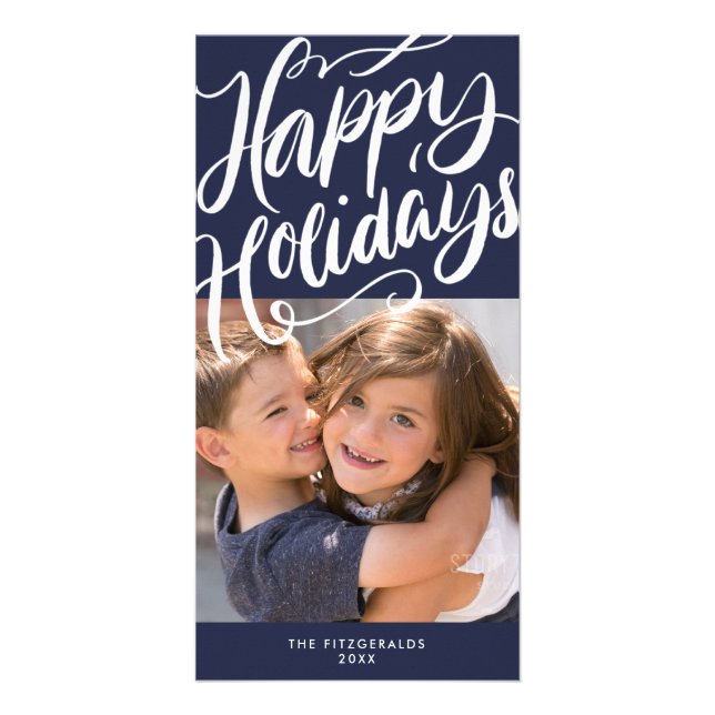 Navy Lavish Script Happy Holidays Photo Card (Front)