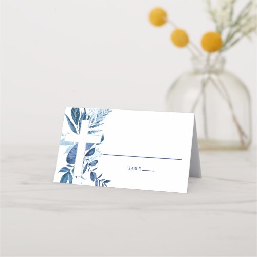 Navy Leaf Cross Boy Baptism Folded Tent Place Card