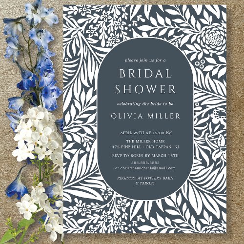 Navy Leaf Floral Bridal Shower Invitation