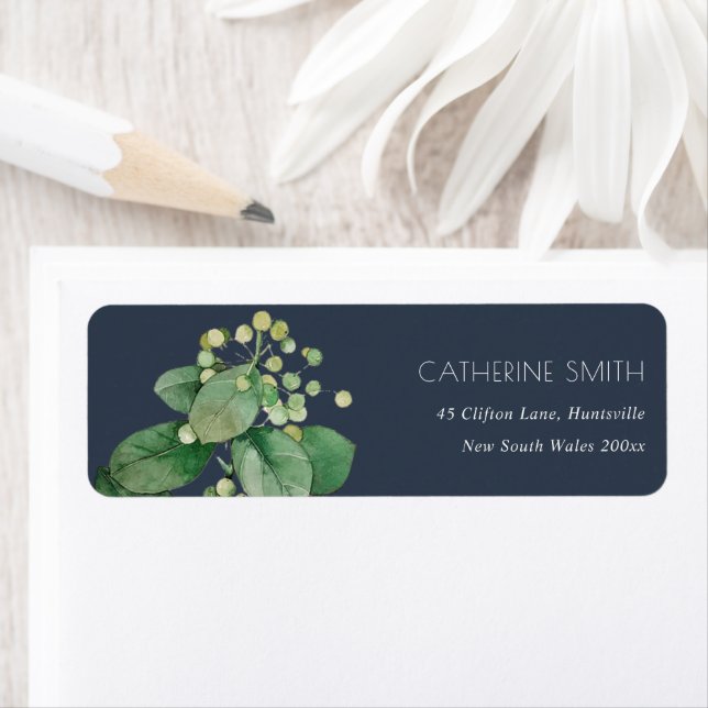 NAVY LEAFY FOLIAGE GREENERY WATERCOLOR ADDRESS LABEL (Insitu)