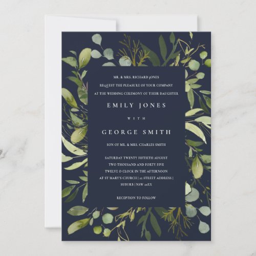 NAVY LEAFY FRAME GREEN FOLIAGE WATERCOLOR WEDDING INVITATION