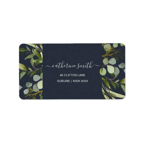 NAVY LEAFY GREEN FOLIAGE WATERCOLOR  ADDRESS LABEL