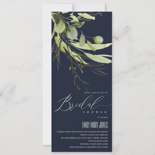 NAVY LEAFY GREEN FOLIAGE WATERCOLOR BRIDAL SHOWER INVITATION